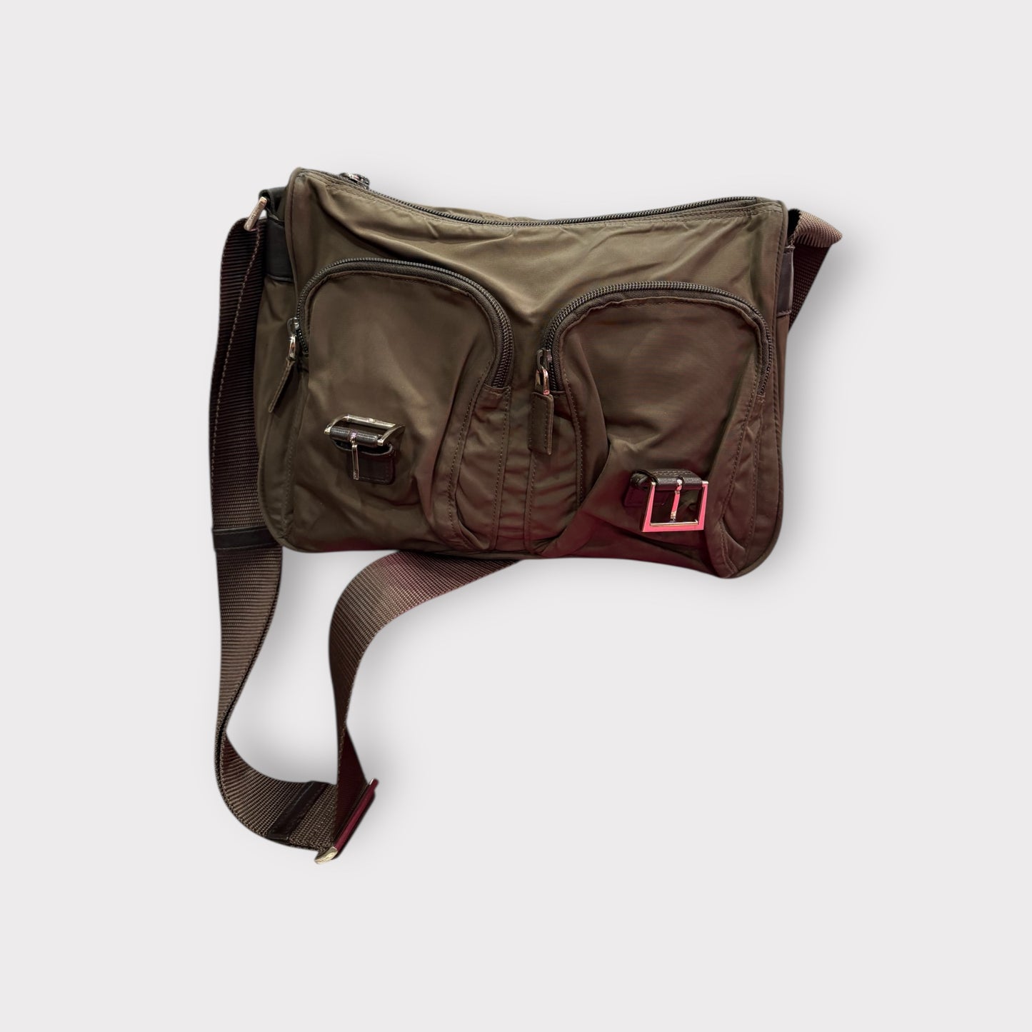 Prada – Sac bandoulière nylon kaki / marron